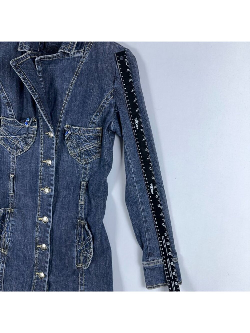 Jou Jou Premium Denim Dress Size Small Button Down Long Sleeve Notch Lapel - Picture 8 of 10